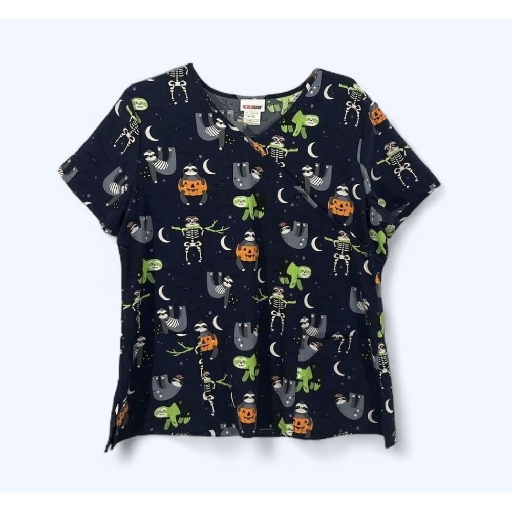 Scrubstar Scrub Top Sloth Halloween Pumpkins Size MEDIUM Nurse LIGHTWEIGHT
